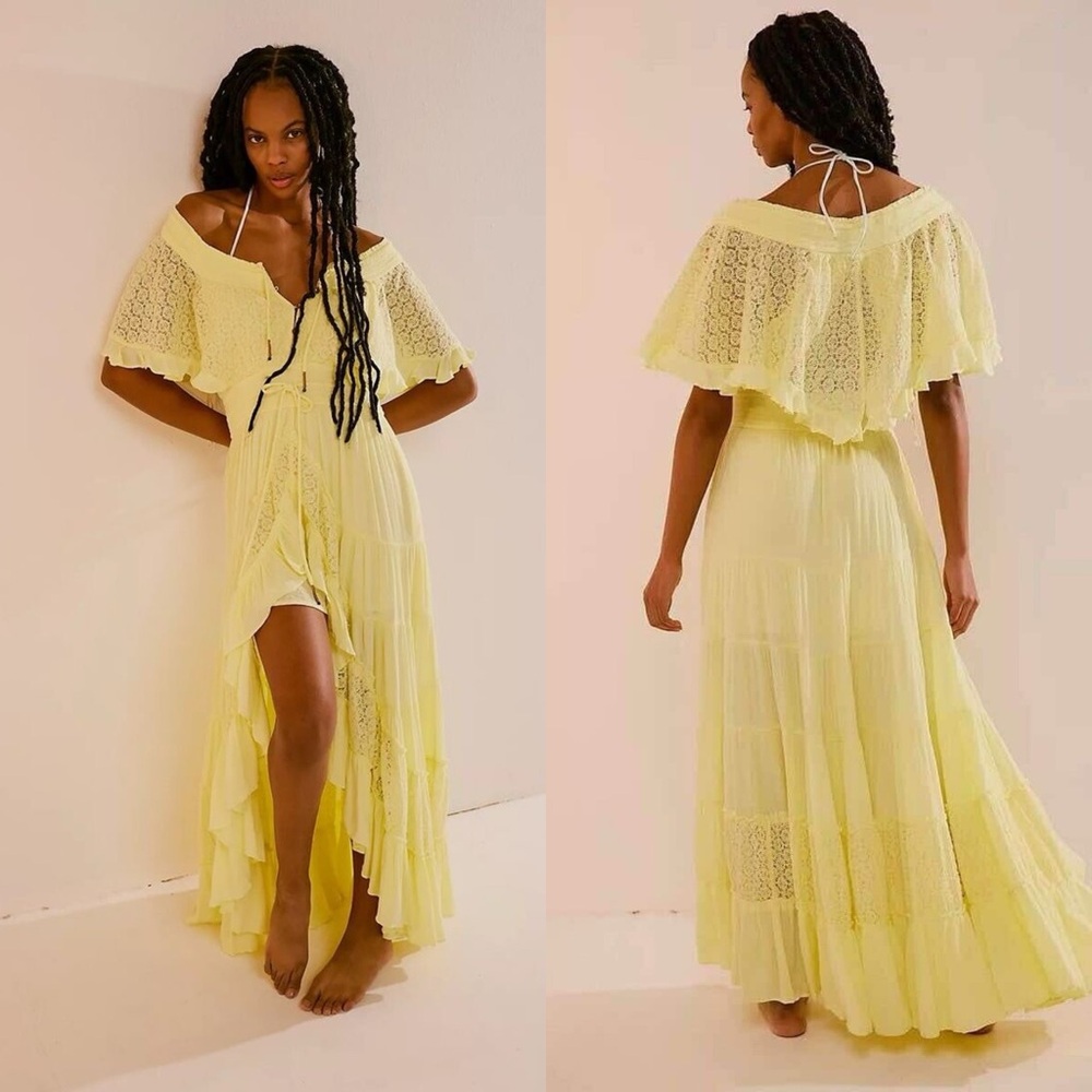 Free People Dancing On Air Lace Ruffle Boho Maxi Dress Yellow